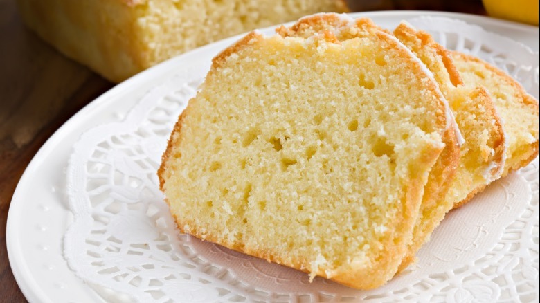 Sliced pound cake on a white plate 