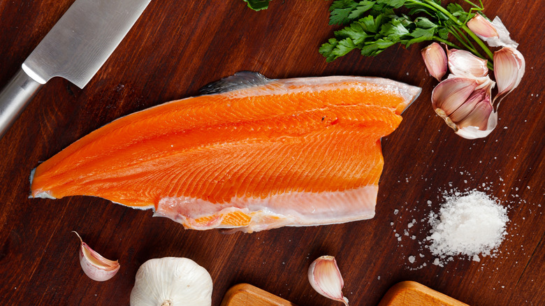 A raw steelhead trout filet.