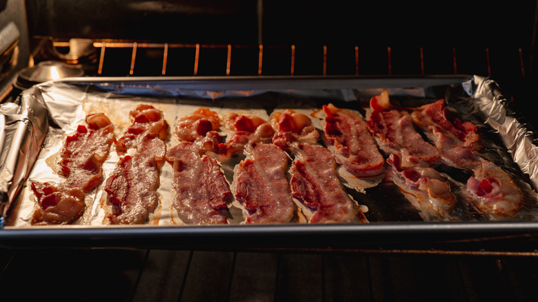 Tray of bacon in the oven