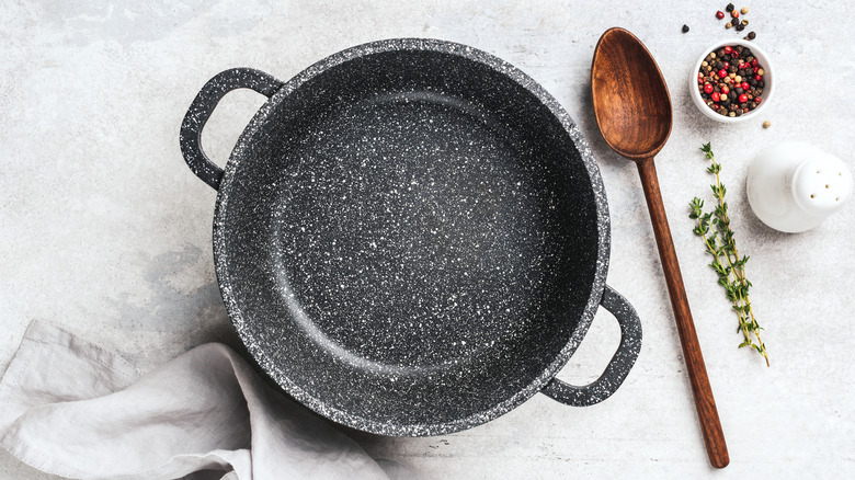 cast iron pot on marble counter