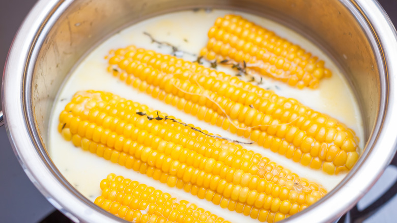 Close-up of corn cooking in milk