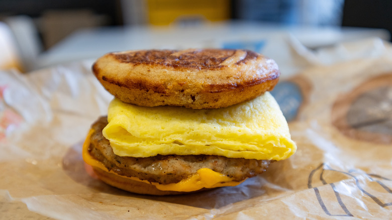 A McDonald's McGriddle sandwich on a wrapper