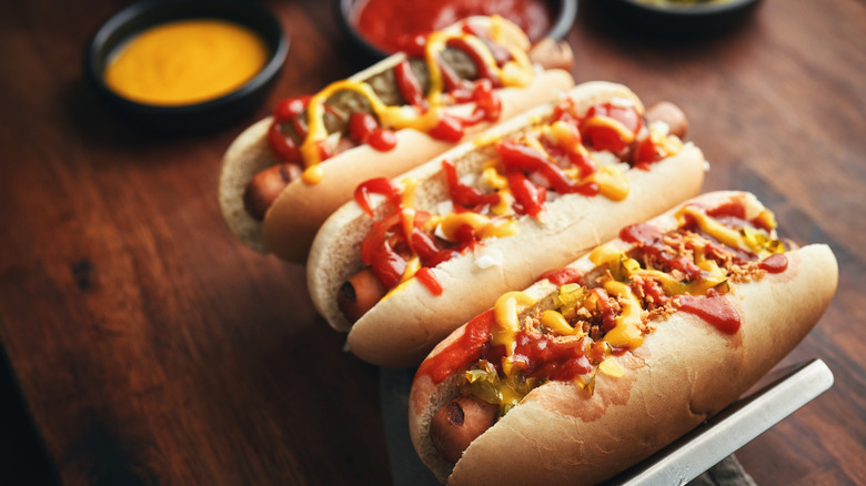 hot dogs with condiments