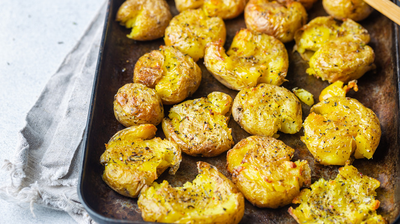 pan of smashed potatoes