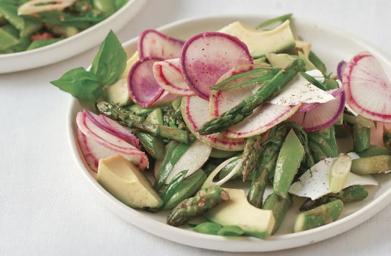 Sugar snap pea salad with shaved onion, radish, basil, and mint