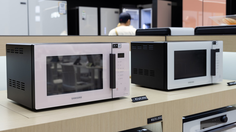 Microwaves on store shelf