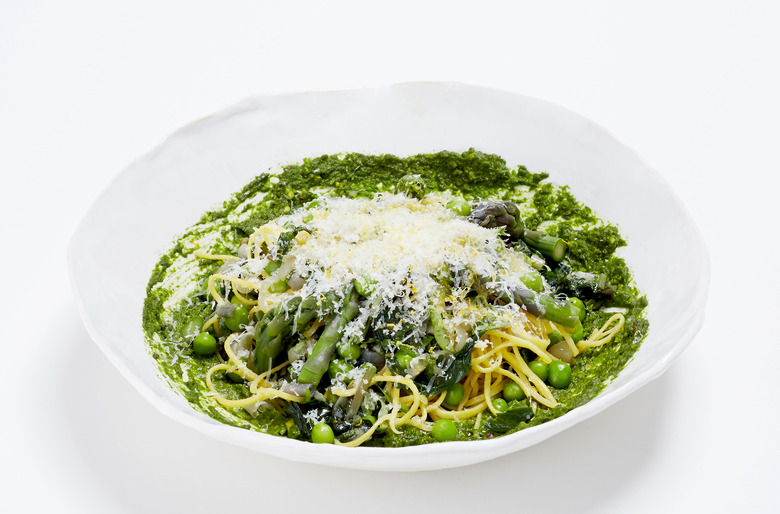 Spaghetti With Spring Vegetables, Ramp Pesto And Pecorino Recipe