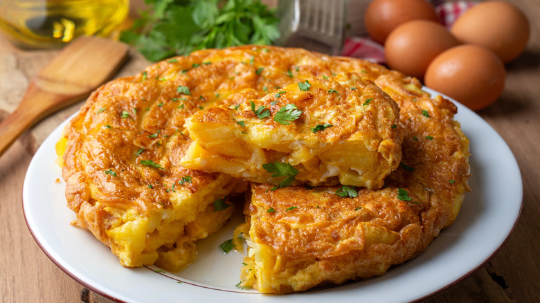 Spanish omelette with a slice cut out