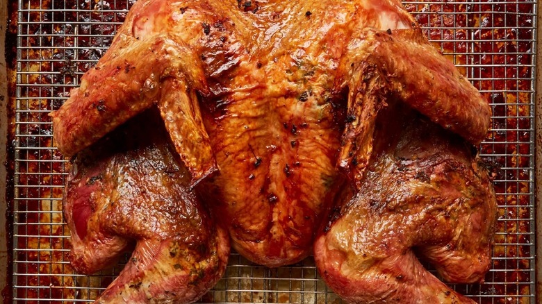roasted spatchcocked turkey on rack