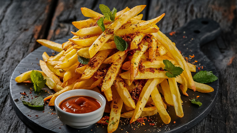 Fries piled on black surface with sprinkled spices and a small cup of ketchup
