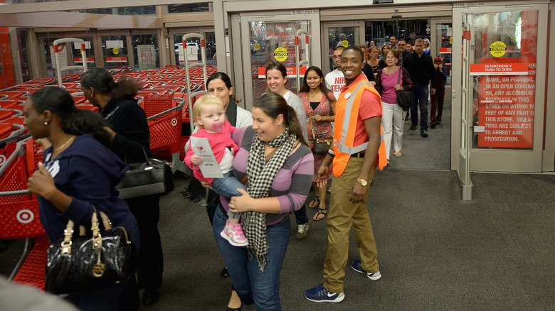 Long line of customers coming into Target store