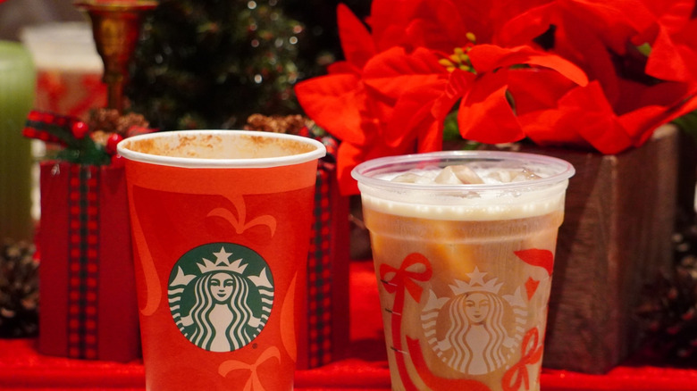 Close-up of Starbucks Eggnog Latte and Eggnog Cold Foam on Cold Brew.