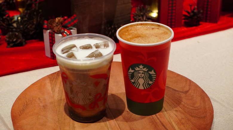 Overhead view of Starbucks Eggnog Cold Foam on Cold Brew and Eggnog Latte.