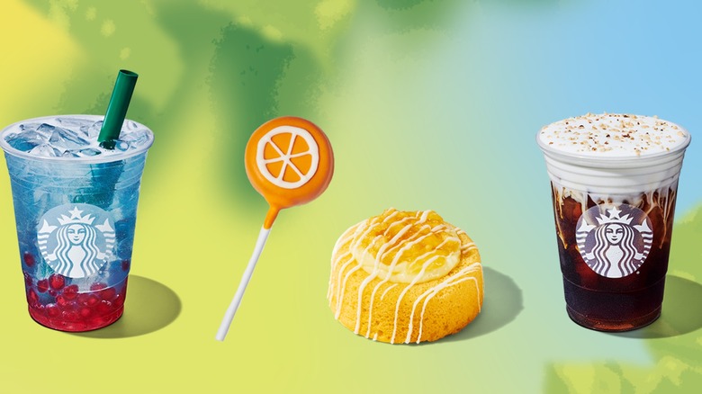 Two Starbucks drinks next to a cake pop and cake