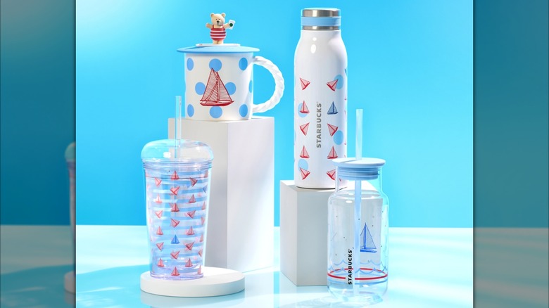 A line-up of Starbucks Japan's new nautical drinkware line against a light blue backdrop