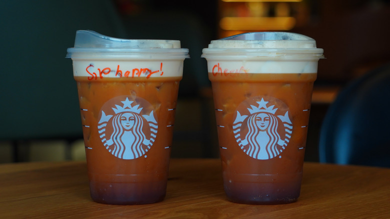 Starbucks' Caramel Aerocano and Aerocano (left to right).