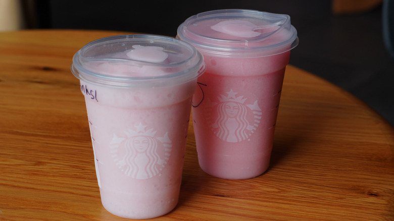 Starbucks' Blended Passionfruit Guava Lemonade Refresher and Blended Island Colada Drink.