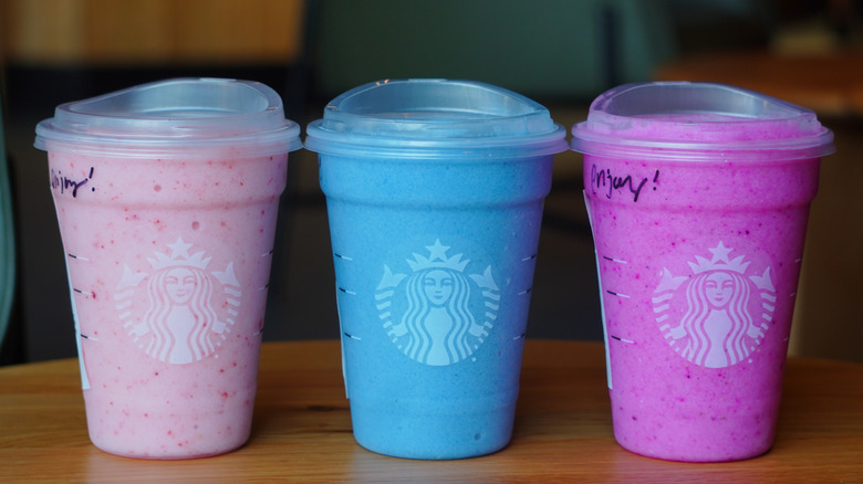 Starbucks' Blended Pink Drink, Blended Ocean Drink, and Blended Mango Dragonfruit Refresher (left to right).