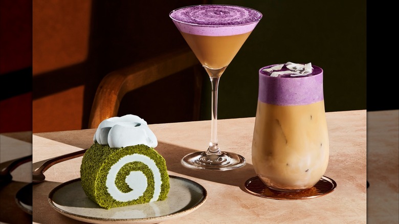 Butterfly Pea Swirl Cake, Ube Espresso Martini, and an Iced Ube Coconut Latte available at Starbucks Reserve locations