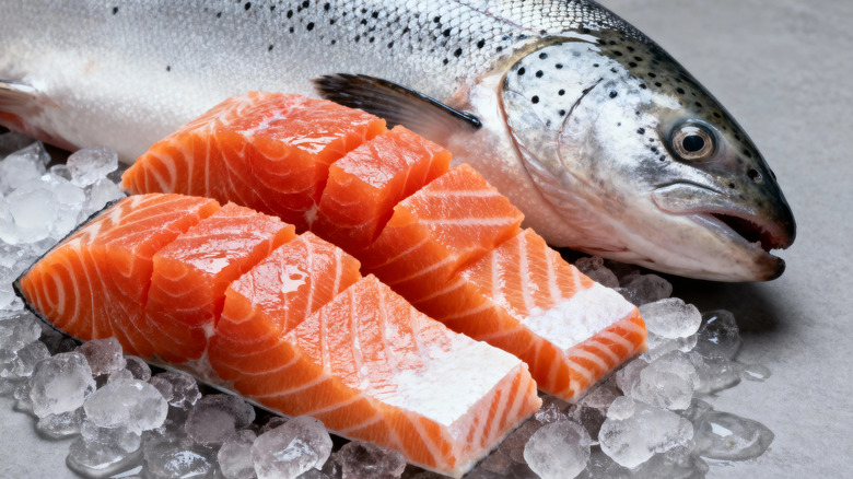 A whole salmon sits next to two filets on ice