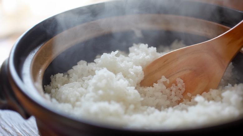 stirring steamed white rice