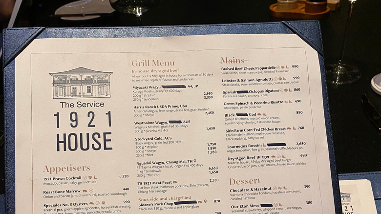 Closeup of a steakhouse menu