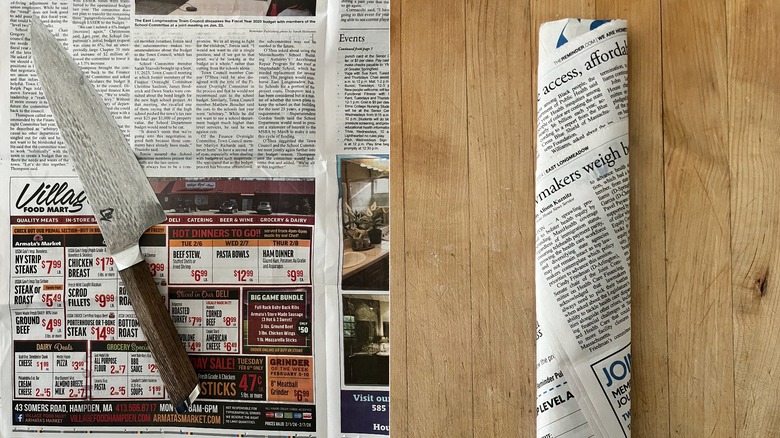 wrapping chef's knife in newspaper