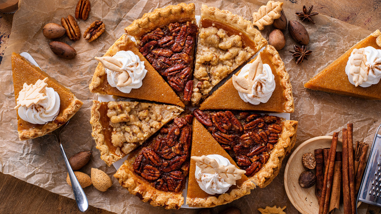 Different pie slices sitting in the same pan