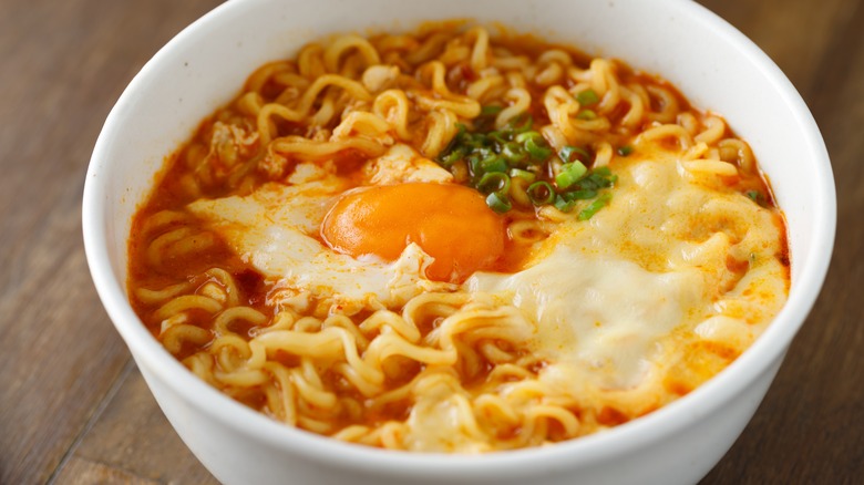 Bowl of instant ramen with a fried egg on top