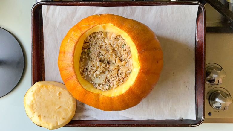 Stuffed pumpkin on sheet pan