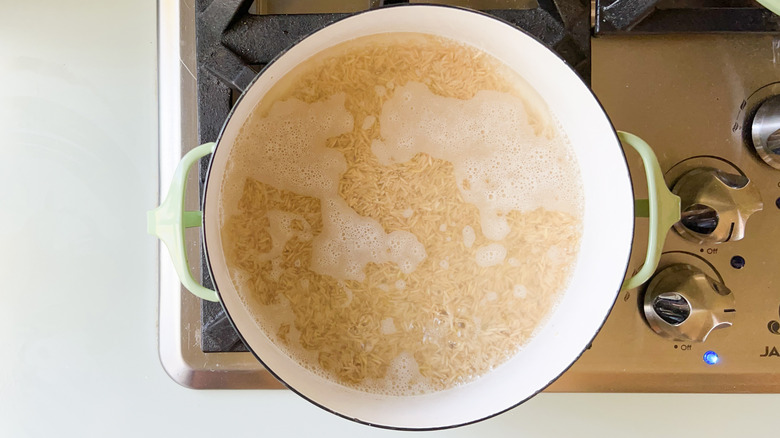 Brown rice cooking in pot