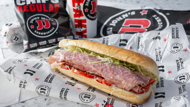 A sub, drink, and chips from Jimmy John's.