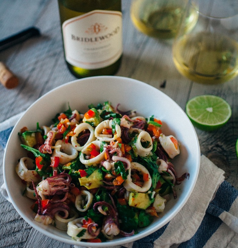 Pair this rich, spicy, acidic squid salad with a chilled glass of Chardonnay.