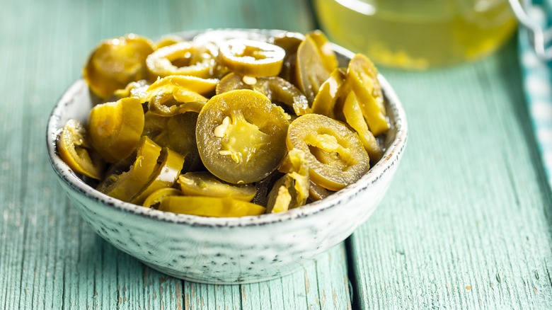 Bowl of pickled jalapenos