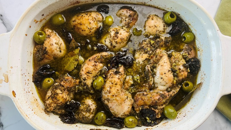baked chicken Marbella in dish