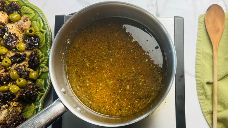 chicken Marbella sauce in pan
