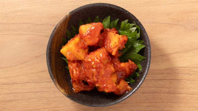 Sweet potatoes in a kimchi sauce.