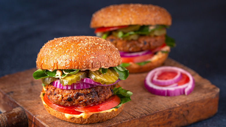 Vegetarian black bean burgers on whole wheat buns