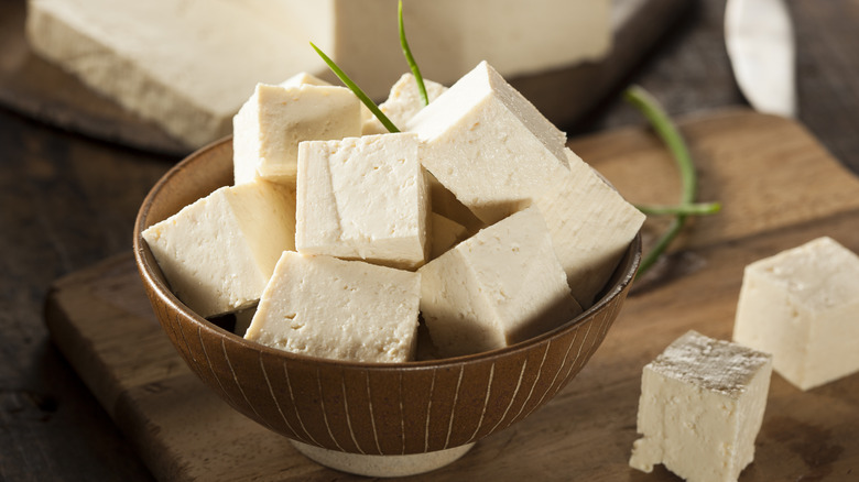 Pieces of tofu in a bowl