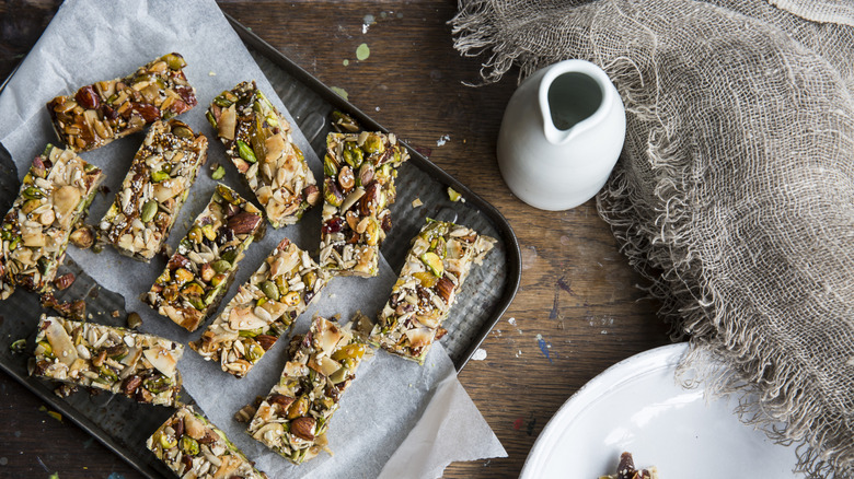 A batch of muesli cookies on a tray