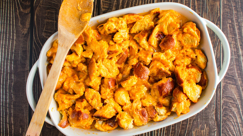 A French toast casserole with sausage