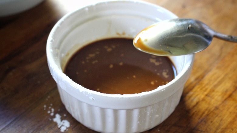 brown sauce in white cup