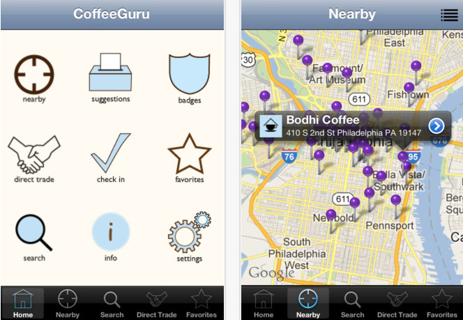 CoffeeGuru includes over 4,500 coffeehouses and allows users to sort by proximity or "direct trade."