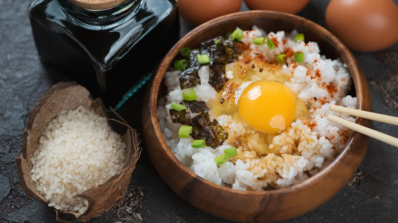 raw egg on japanese rice