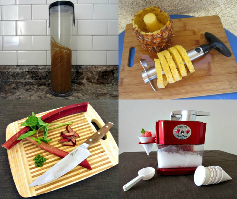 Clockwise from top left: Pasta cooker, pineapple slicer, snow cone maker, celebrity kitchen knife.