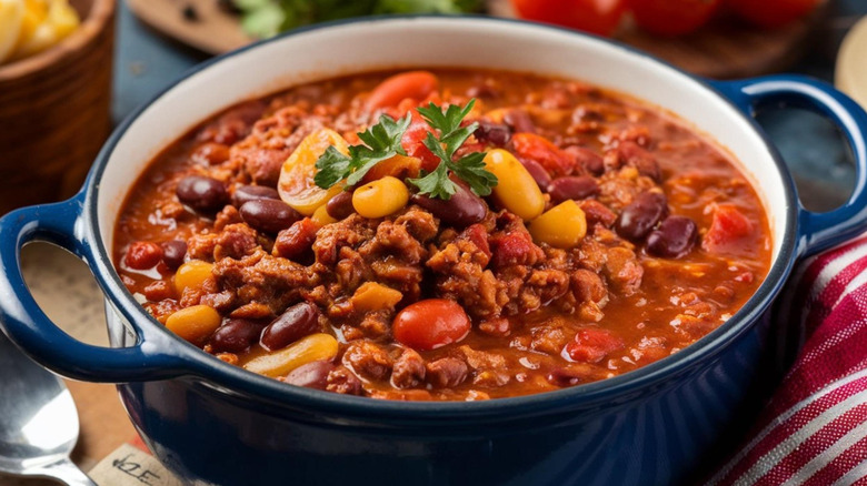 a close up of a bowl of chili with beans