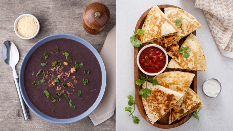 Black bean soup in a blue dish / platter of quesadillas with salsa and sour cream