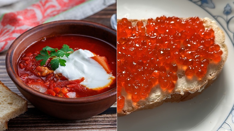Borscht finished with a dollop of sour cream / bread topped with butter and roe