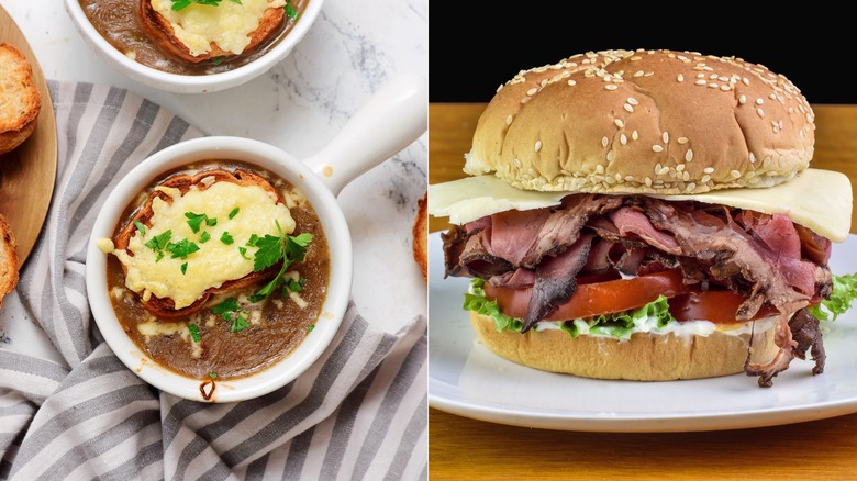Dish of French onion soup topped with a cheese covered crouton / roast beef with cheese, lettuce, and tomato on a bun