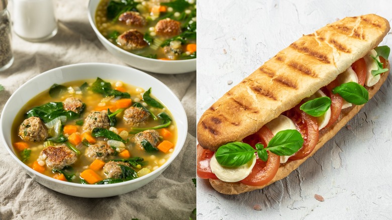 Bowls of Italian wedding soup with meatballs and escarole / basil, mozzarella, and tomato layered on a loaf of bread